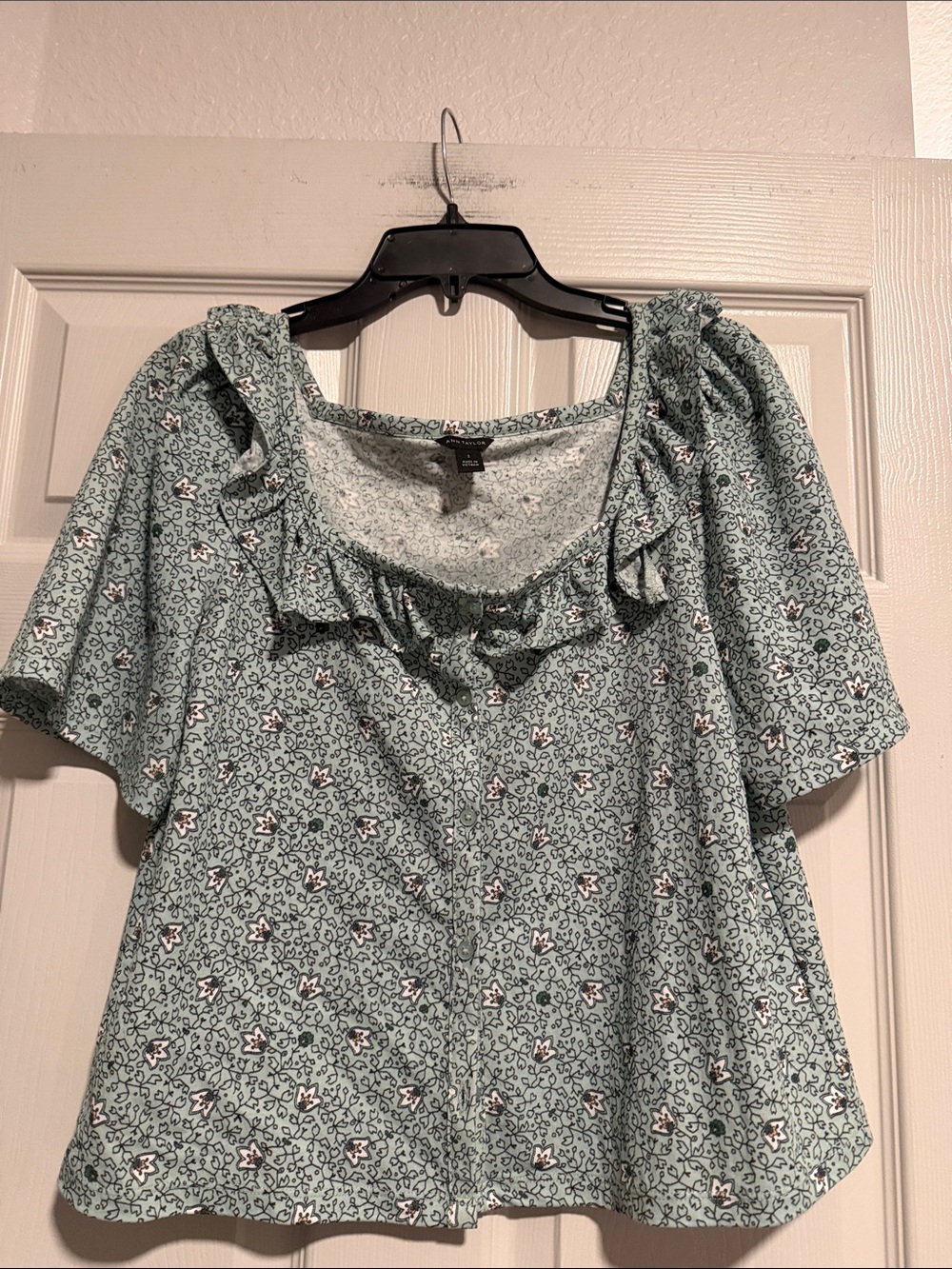 Ann Taylor Sage Green Floral Ruffle Square-Neck Blouse